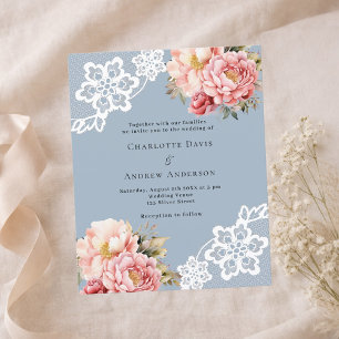 Blue pink rose gold floral lace wedding invitation