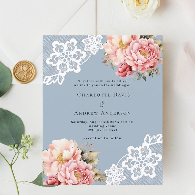 Blue pink rose gold floral lace wedding invitation (Creator Uploaded)