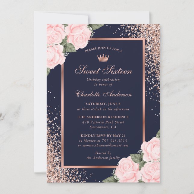 Blue Pink Rose Gold Floral Sweet 16 Birthday Invitation (Front)