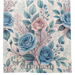 Blue & Pink Rose Pattern on Soft Pinkish-White