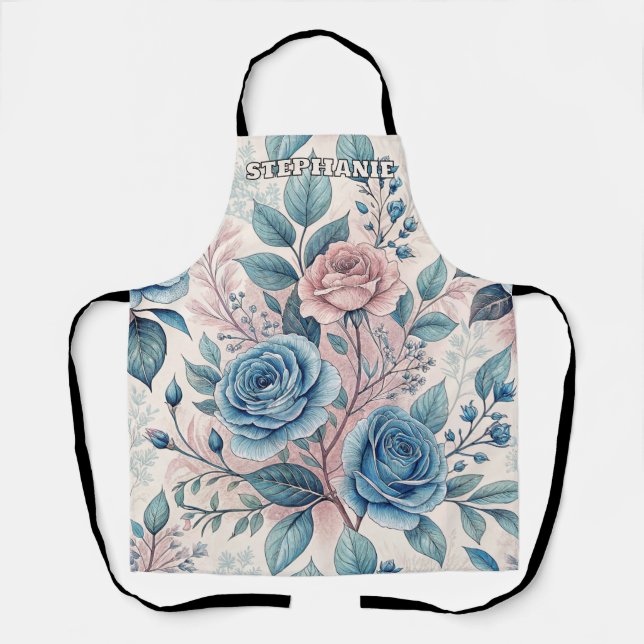 Blue & Pink Rose Pattern on Soft Pinkish-White Apron (Front)