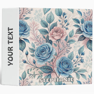 Blue & Pink Rose Pattern on Soft Pinkish-White Binder