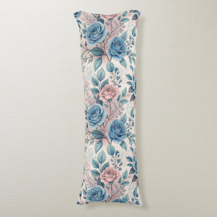Blue & Pink Rose Pattern on Soft Pinkish-White Body Pillow