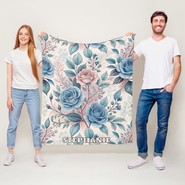 Blue & Pink Rose Pattern on Soft Pinkish-White Fleece Blanket (In Situ)
