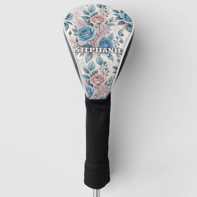 Blue & Pink Rose Pattern on Soft Pinkish-White Golf Head Cover (Front)