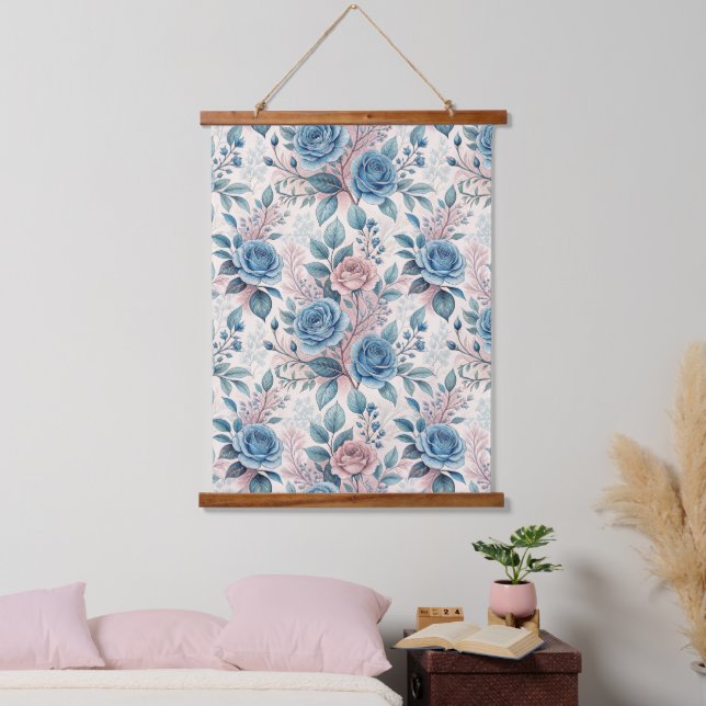 Blue & Pink Rose Pattern on Soft Pinkish-White Hanging Tapestry (Bedroom)