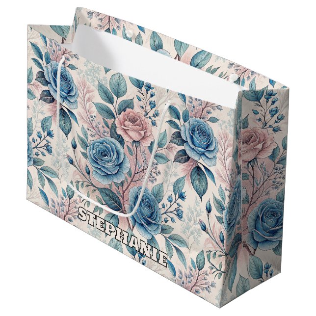 Blue & Pink Rose Pattern on Soft Pinkish-White Large Gift Bag (Front Angled)