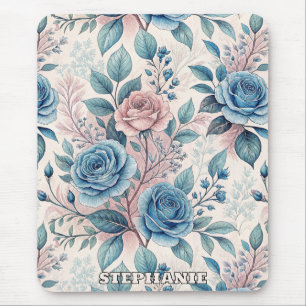 Blue & Pink Rose Pattern on Soft Pinkish-White Mouse Pad