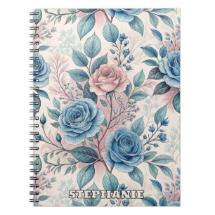 Blue & Pink Rose Pattern on Soft Pinkish-White Notebook