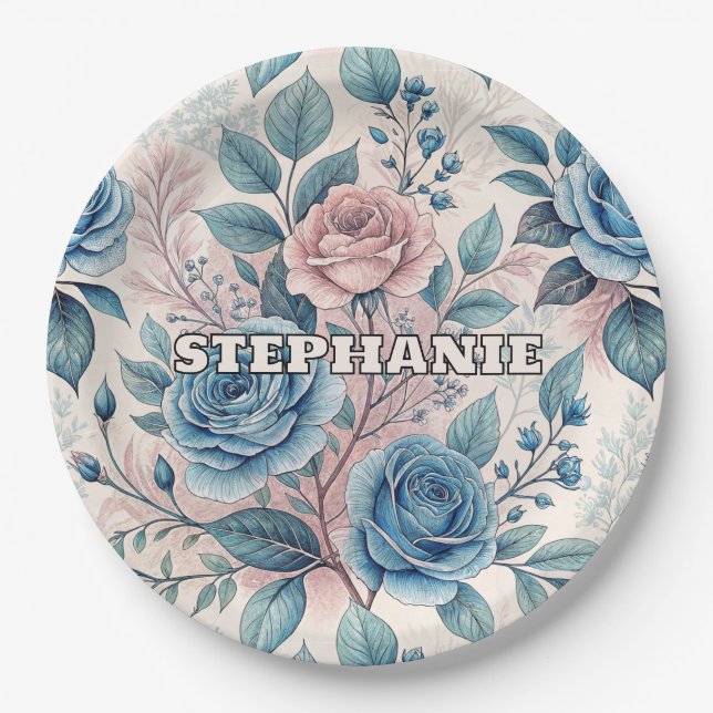 Blue & Pink Rose Pattern on Soft Pinkish-White Paper Plate (Front)