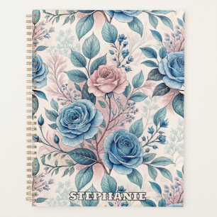 Blue & Pink Rose Pattern on Soft Pinkish-White Planner