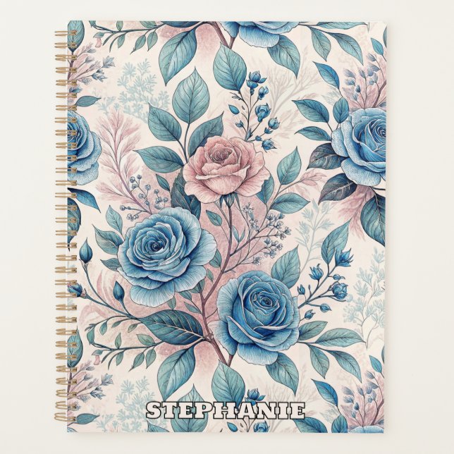 Blue & Pink Rose Pattern on Soft Pinkish-White Planner (Front)