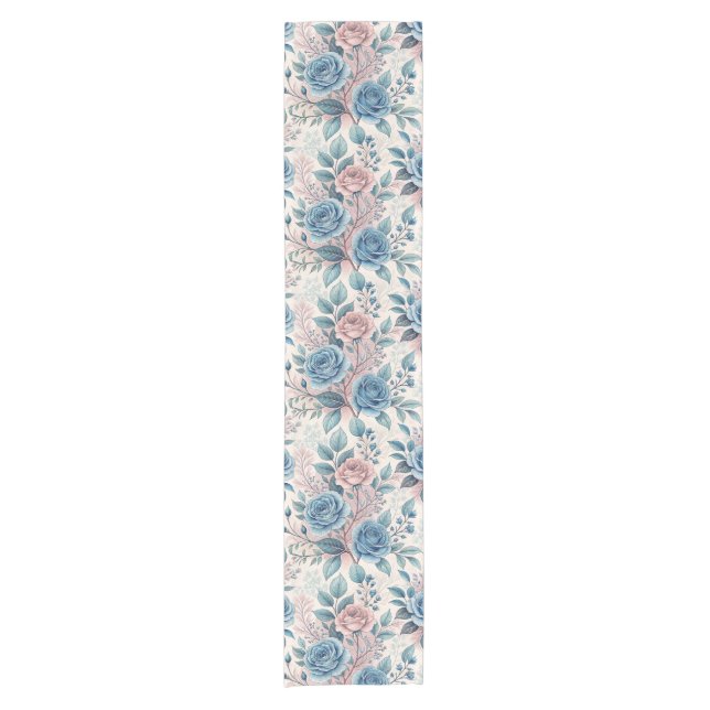 Blue & Pink Rose Pattern on Soft Pinkish-White Short Table Runner (Front)