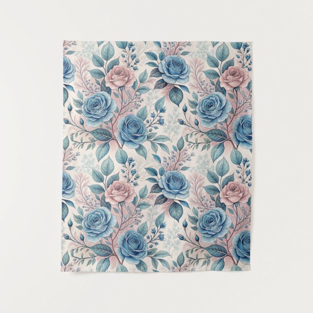 Blue & Pink Rose Pattern on Soft Pinkish-White Tapestry (Front)