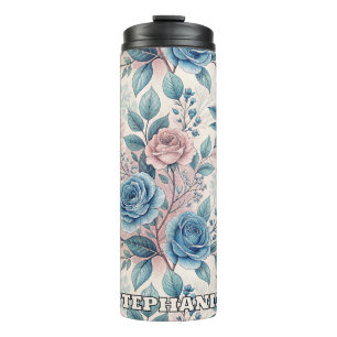 Blue & Pink Rose Pattern on Soft Pinkish-White Thermal Tumbler