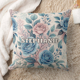 Blue & Pink Rose Pattern on Soft Pinkish-White Throw Pillow