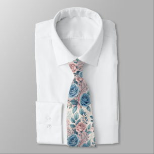 Blue & Pink Rose Pattern on Soft Pinkish-White Tie