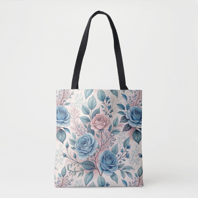 Blue & Pink Rose Pattern on Soft Pinkish-White Tote Bag (Front)