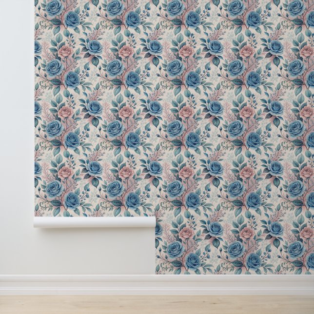 Blue & Pink Rose Pattern on Soft Pinkish-White Wallpaper (Application)