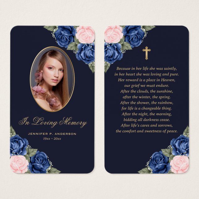 Blue Pink Roses Gold Cross Funeral Prayer Card (Front & Back)