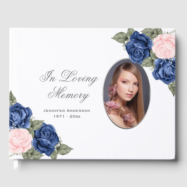 Blue Pink Roses Silver Photo Funeral Memorial Guest Book (Front)