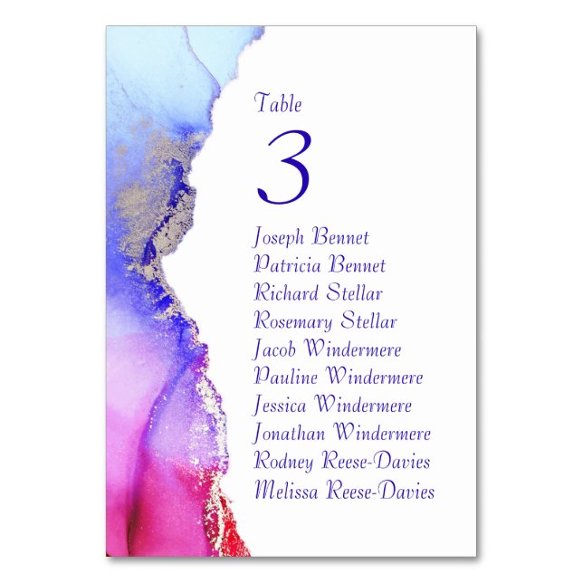 Blue Pink Silver Wedding Reception Table Number (Front)