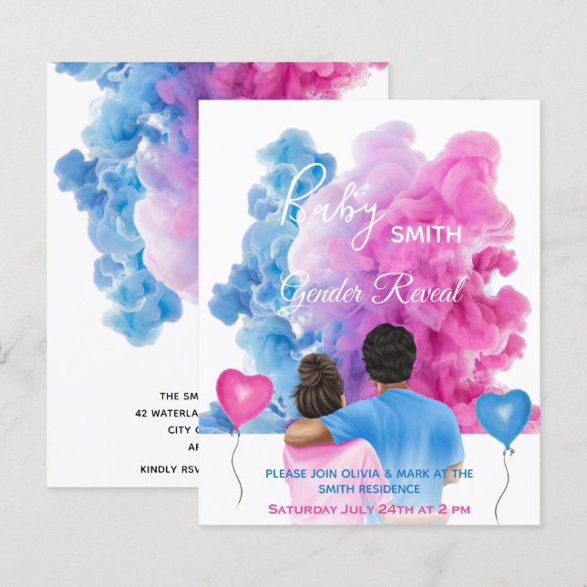 Blue pink smoke couple gender reveal invitation (Front/Back)