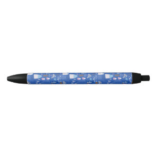 Blue Pink Snowy Happy Winter Forest Bear Bunny  Black Ink Pen