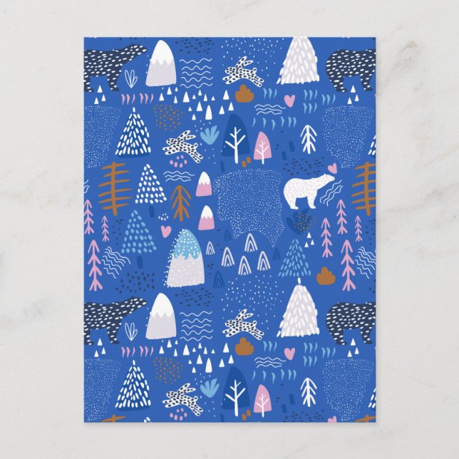 Blue Pink Snowy Happy Winter Forest Bear Bunny  Holiday Postcard (Front)