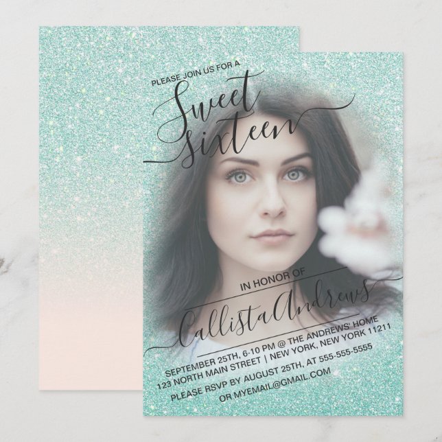 Blue Pink Sparkly Glitter Ombre Photo Sweet 16 Invitation (Front/Back)