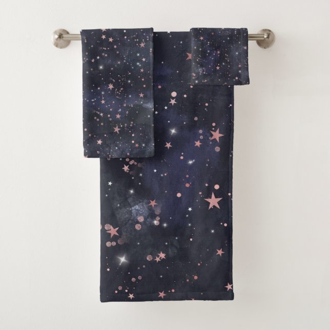 Blue & Pink Starry Night Sky Celestial Whimsical Bath Towel Set (Insitu)