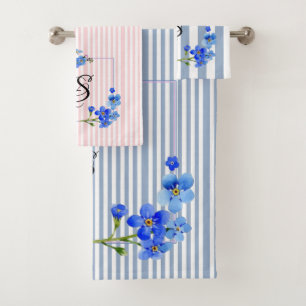 Blue & Pink Stripe Floral Bathroom Towel Sets