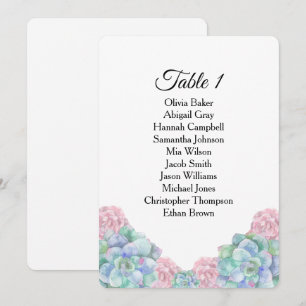 Blue pink succulents. Wedding seating charts Invitation