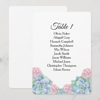 Blue pink succulents. Wedding seating charts Invitation