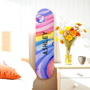 Blue Pink Surf Pattern Watercolor Skateboard