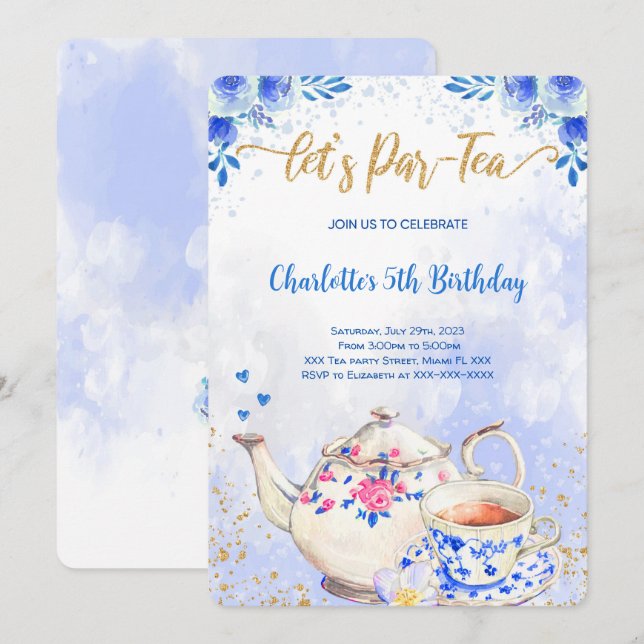 Blue & Pink Tea Party Birthday Invitation (Front/Back)