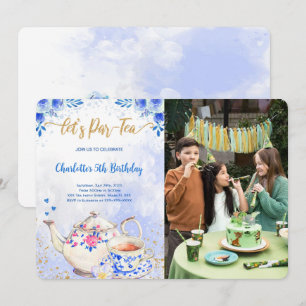 Blue & Pink Tea Party Birthday Photo Invitation
