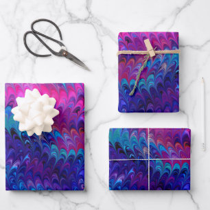 Blue Pink Teal Abstract Marbling Ebru Art Wrapping Paper Sheet