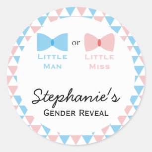 Blue, Pink Triangles Gender Reveal Bow and Bow Tie Classic Round Sticker