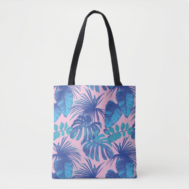 Blue Pink Tropical Palm Leaf  Tote Bag (Front)