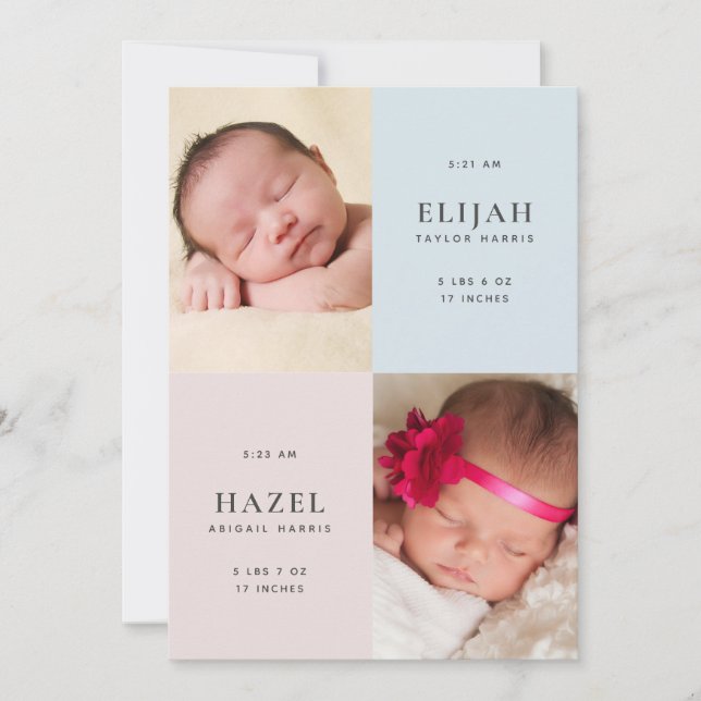 Blue & Pink Twins 2-Sided Photo Birth Announcement (Front)