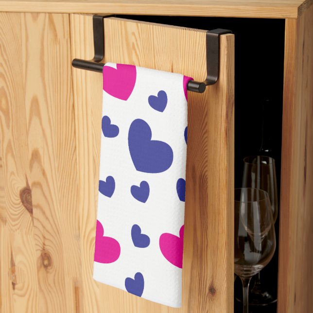 Blue Pink Valentines Day Hearts Pattern Kitchen Towel (Thirds Fold)