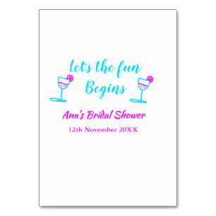Blue pink vine glass bridal shower let's fun begin table number