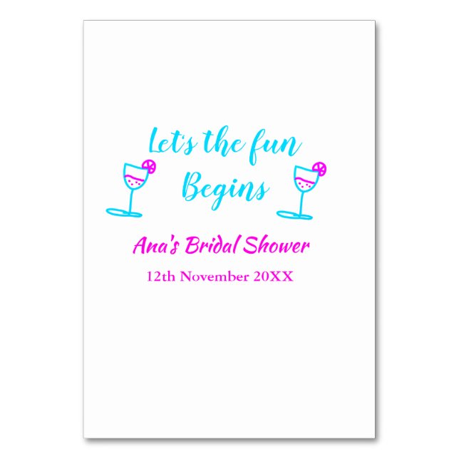 Blue pink vine glass bridal shower let's fun begin table number (Front)