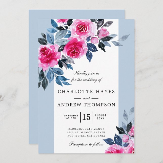 Blue Pink Watercolor Botanical Wedding Invitation (Front/Back)