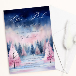 Blue Pink Watercolor Christmas Tree Gender Reveal Invitation