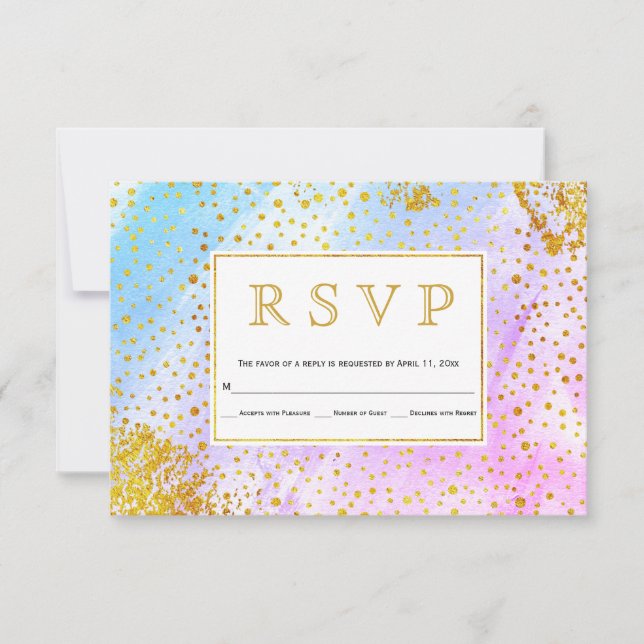 Blue, pink watercolor confetti specks wedding RSVP (Front)