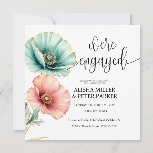 Blue & Pink Watercolor Engagement Party Invitation (Front)