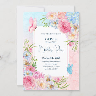 Blue pink watercolor flowers Birthday Invitation