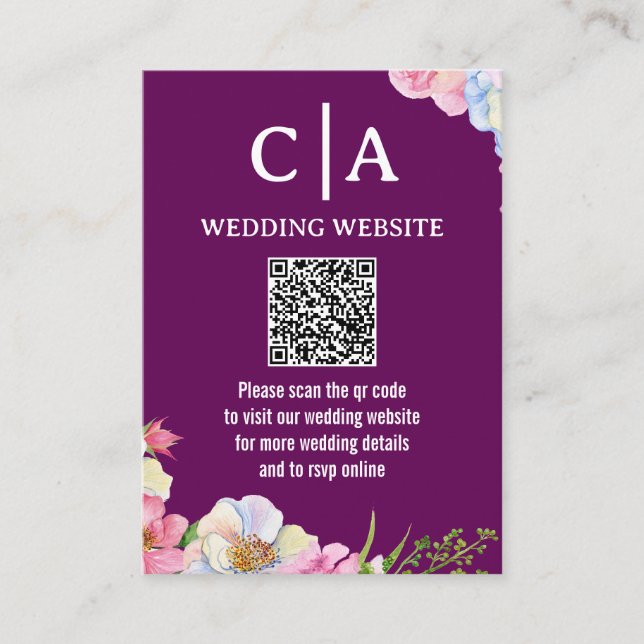 Blue Pink Watercolor Flowers QR Code Wedding Enclosure Card (Front)